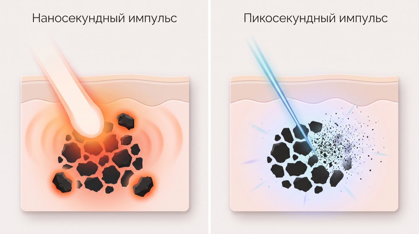 Сравнение наносекундного и пикосекундного импульса при удалении тату